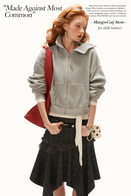 MAMC - Gray Textured Knit Cropped Jacket with Adjustable Snap Collar
