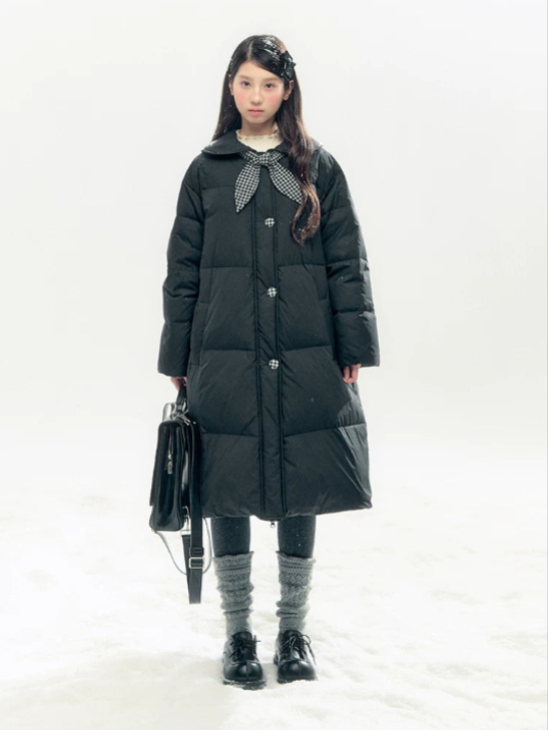 "Starry Night Little Witch" Black Long Down Coat with Detachable Bunny Bow Collar