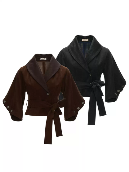 MAMC - Brown Faux Suede Cropped Jacket with Leather-Look Lapels and Belt