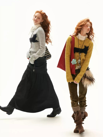 MAMC - Gray Fluffy Black Cat Jacquard Cropped Knit Cardigan