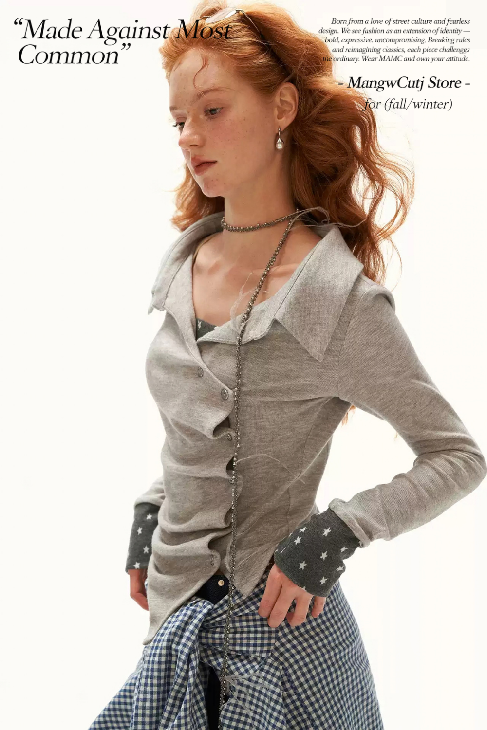MAMC - Gray Star-Print Layered Polo Collar Long Sleeve Top