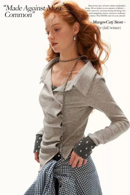 MAMC - Gray Star-Print Layered Polo Collar Long Sleeve Top
