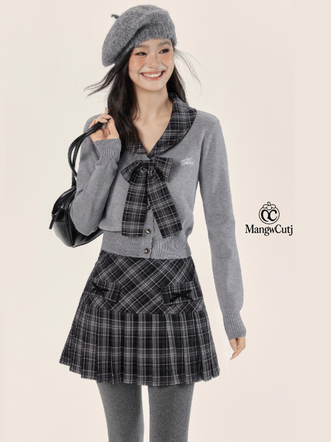 EPTISON - Academia-Inspired Two-Piece Set with Removable Plaid Collar and Skirt