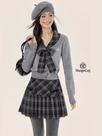 EPTISON - Academia-Inspired Two-Piece Set with Removable Plaid Collar and Skirt