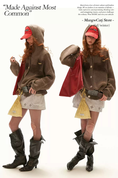 MAMC - Vintage Brown Cat Silhouette Hooded Knit Cardigan