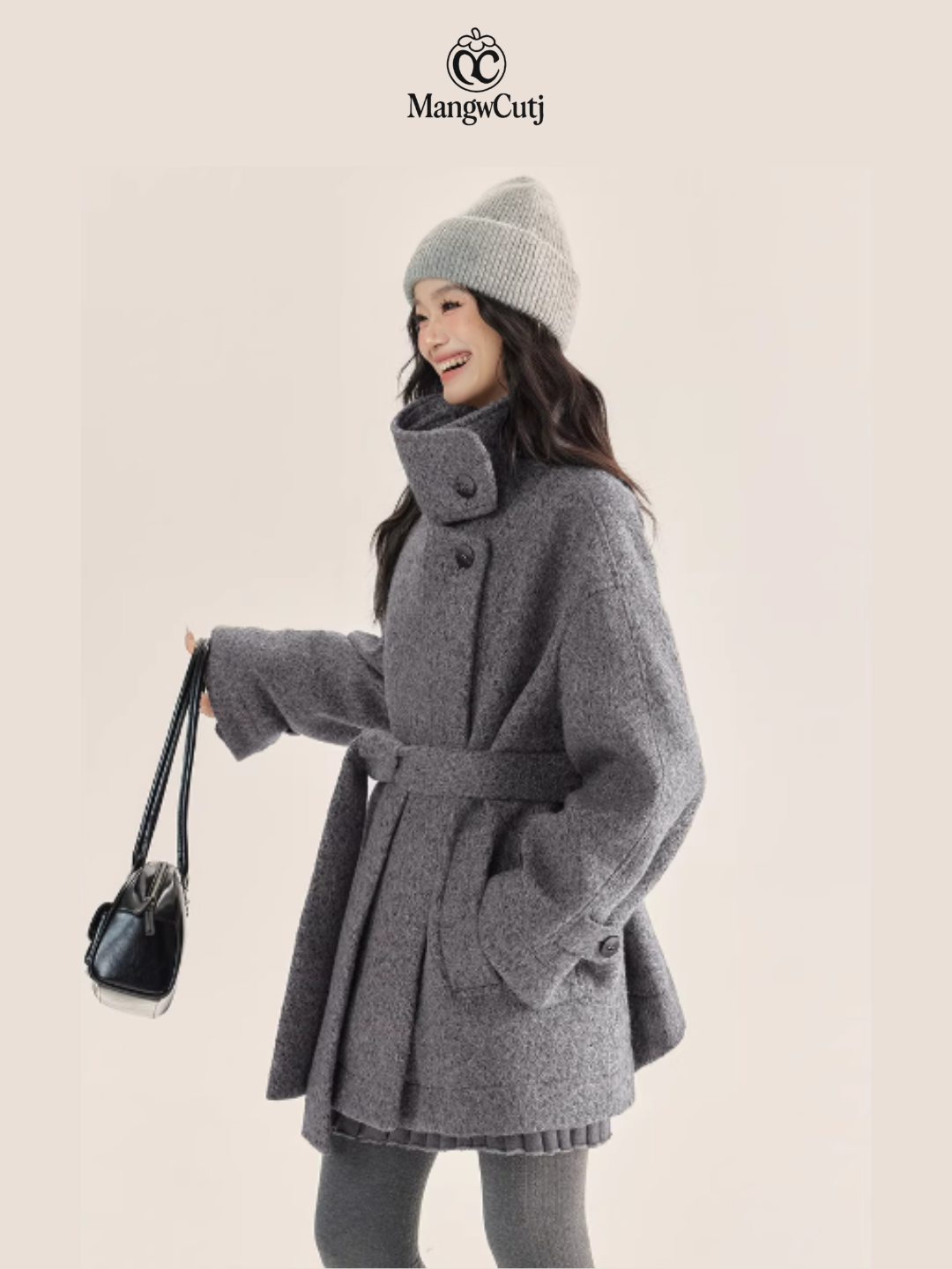 EPTISON - Minimalist Belted Wool Overcoat with Stand Collar – Grey & Black
