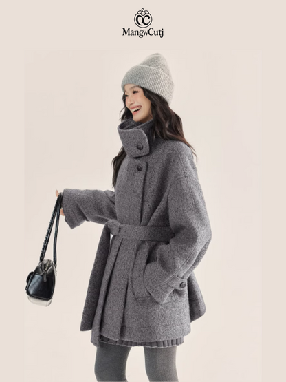 EPTISON - Minimalist Belted Wool Overcoat with Stand Collar – Grey & Black