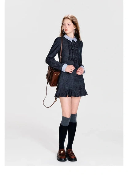 Contrast Color Shirt Collar Dress