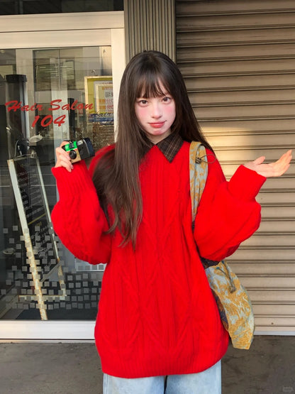 Zzouu - Plain Knitted Sweater - Red and White