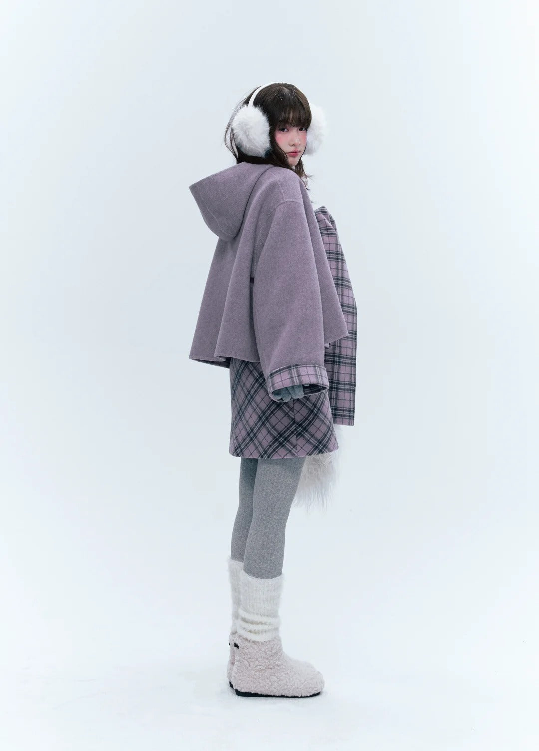 CREAMO2奶油氧气 - Soft Mauve Reversible Plaid Wool Cape Coat Set
