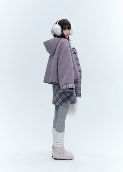 CREAMO2奶油氧气 - Soft Mauve Reversible Plaid Wool Cape Coat Set