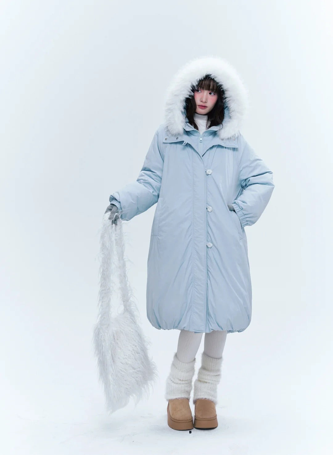 CREAMO2奶油氧气 - Milk Mist Blue Faux-Layered Mid-Length Down Puffer Coat