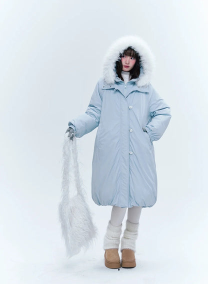 CREAMO2奶油氧气 - Milk Mist Blue Faux-Layered Mid-Length Down Puffer Coat
