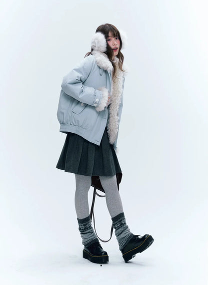 CREAMO2奶油氧气 - Mist Blue Contrast-Collar Short Down Jacket