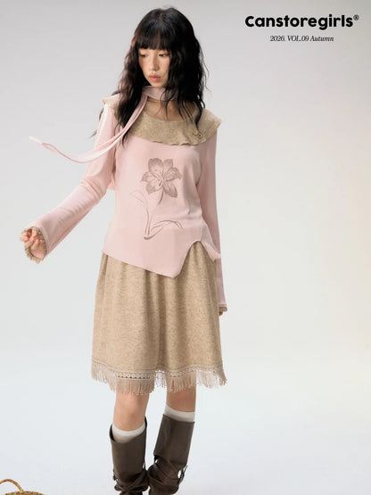 [CAN] "Dusky Floral Whispers" Blush & Chestnut Brown Set (Long Sleeve Top / Tassel Mini Skirt)