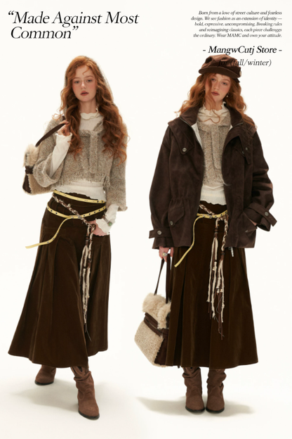 MAMC - Khaki Textured Hooded Knit Sweater with Flare Sleeves