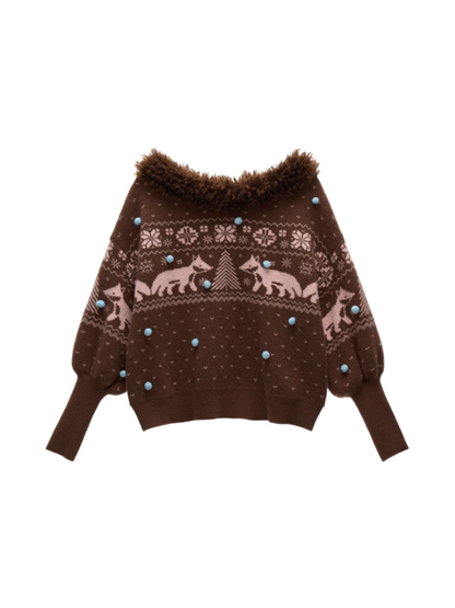 MAMC - Fox Fair Isle Deep V-Neck Oversized Sweater WE780 (Mocha)