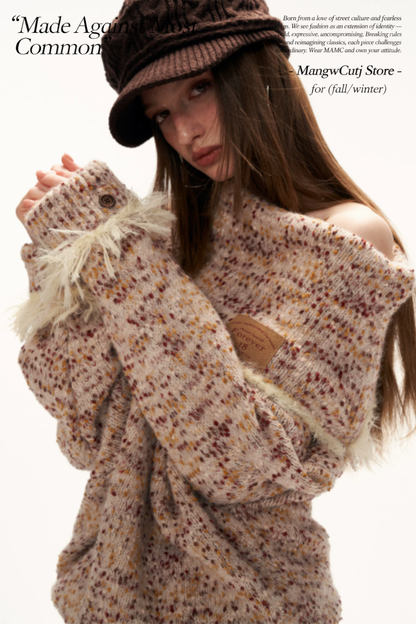 MAMC - Beige Slouchy Textured Off-Shoulder Turtleneck Sweater
