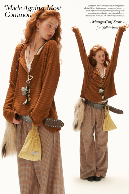 MAMC - Brown Textured Sheer Henley Long Sleeve Top