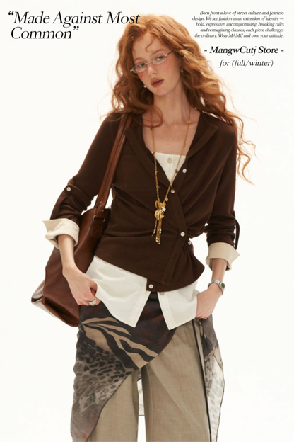 MAMC - Textured Wrap-Front Henley Waist-Defined Cardigan Top (Red / Brown)
