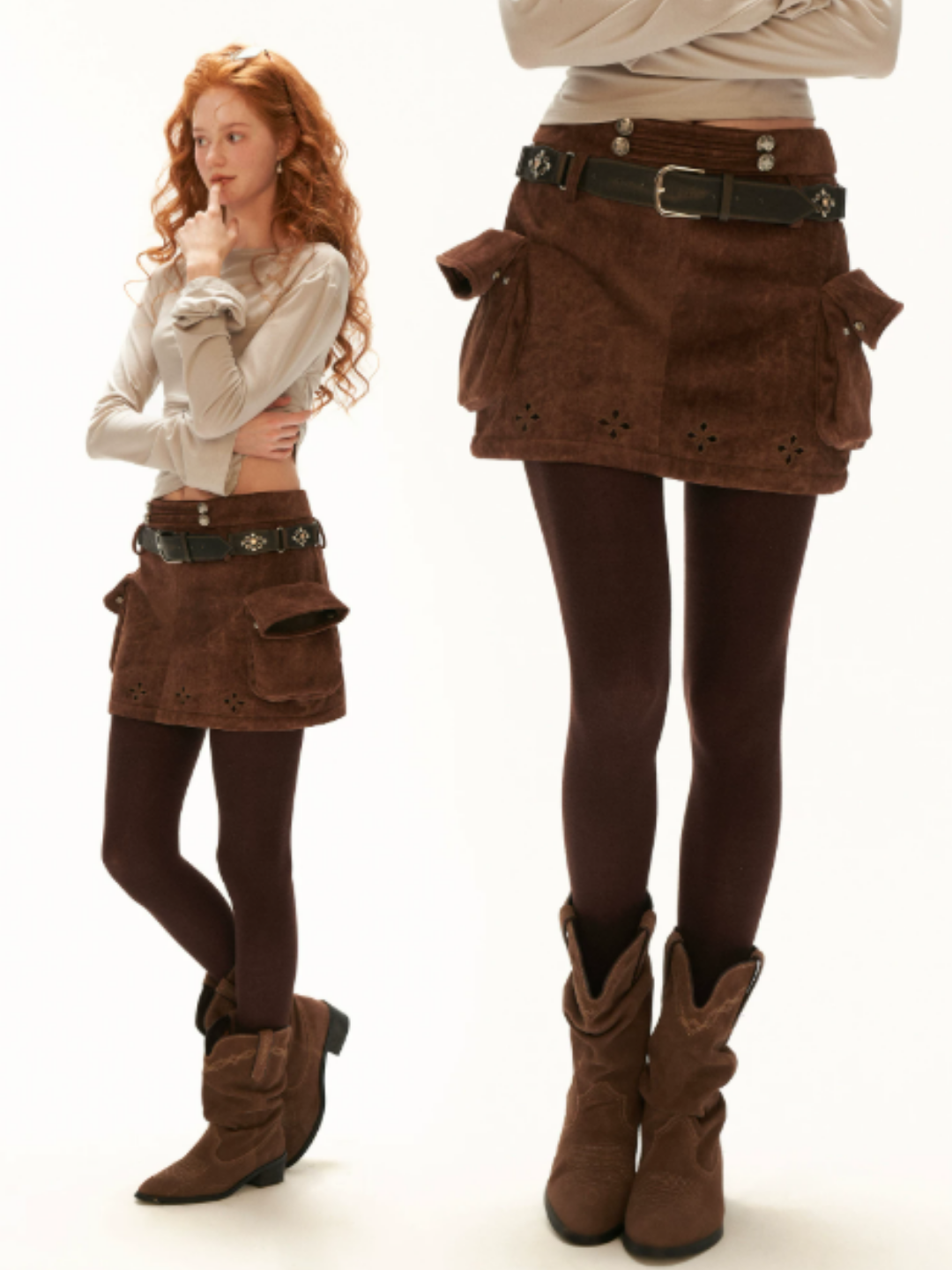 MAMC - Brown Faux Suede Cargo Skort with Embroidered Trim