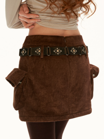 MAMC - Brown Faux Suede Cargo Skort with Embroidered Trim