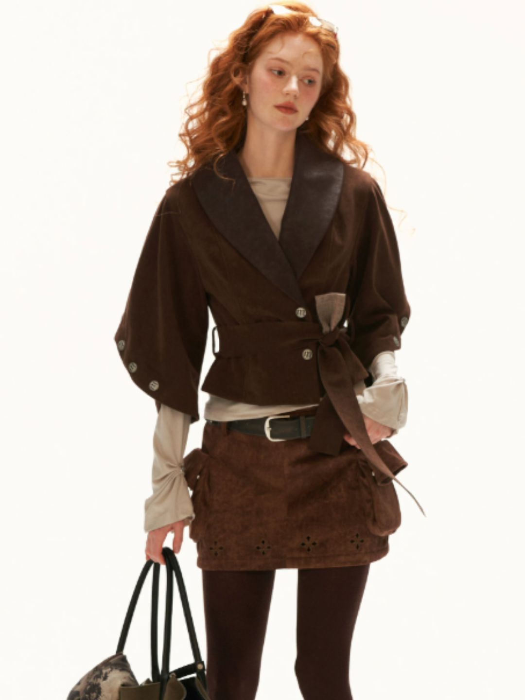 MAMC - Brown Faux Suede Cargo Skort with Embroidered Trim