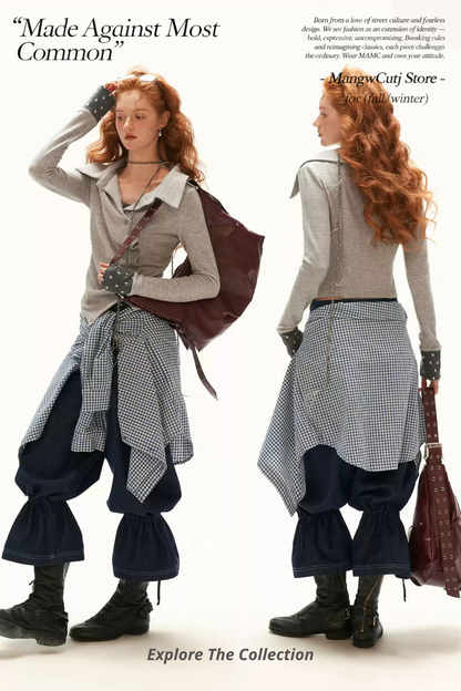 MAMC - Gray Star-Print Layered Polo Collar Long Sleeve Top