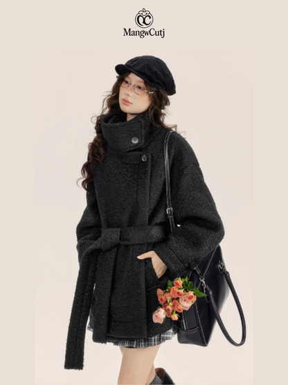EPTISON - Minimalist Belted Wool Overcoat with Stand Collar – Grey & Black