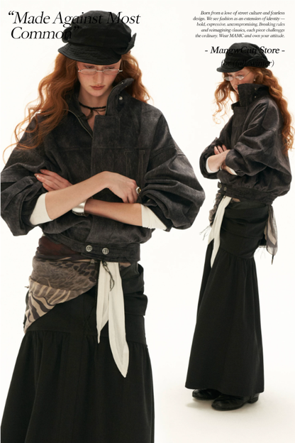 MAMC - Gray Faux-Horsehair Textured Cropped Jacket with Metal Snap Collar