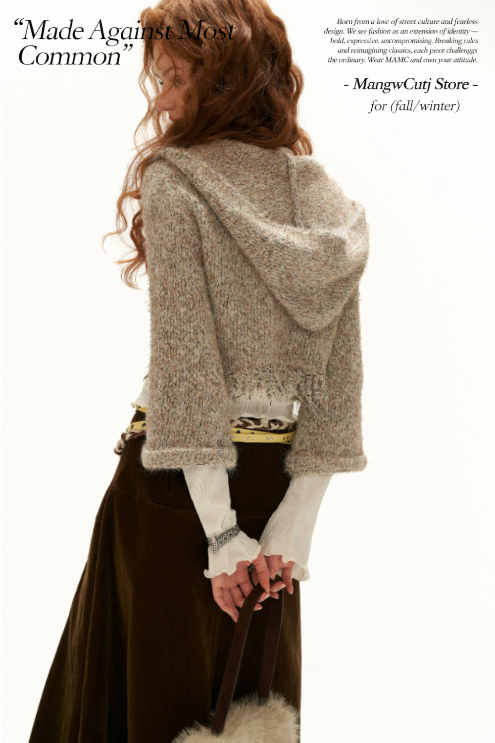 MAMC - Khaki Textured Hooded Knit Sweater with Flare Sleeves