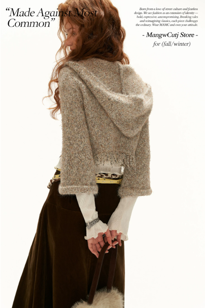 MAMC - Khaki Textured Hooded Knit Sweater with Flare Sleeves