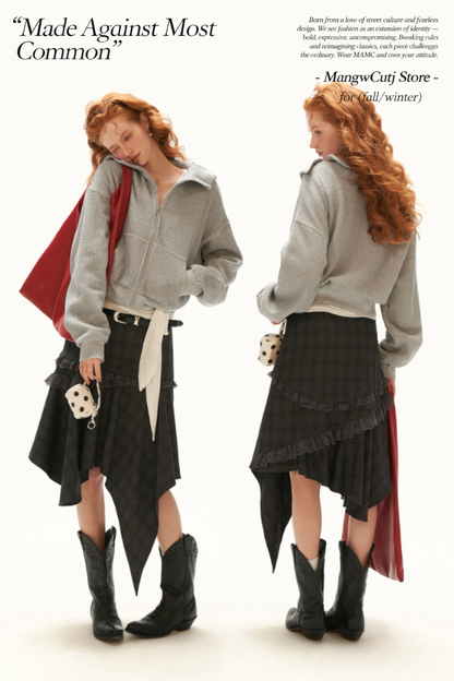 MAMC - Gray Textured Knit Cropped Jacket with Adjustable Snap Collar