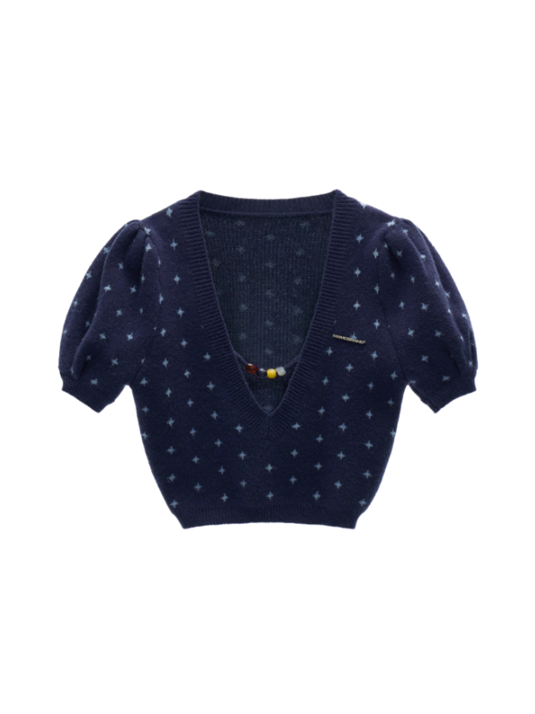 MAMC - Vintage Crochet V-Neck Puff Sleeve Sweater WE837 - BLUE