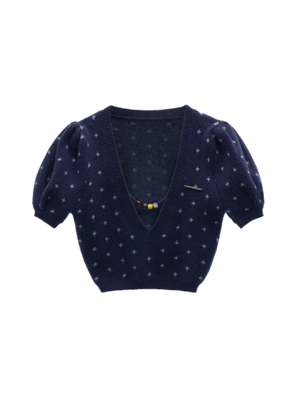 MAMC - Vintage Crochet V-Neck Puff Sleeve Sweater WE837 - BLUE