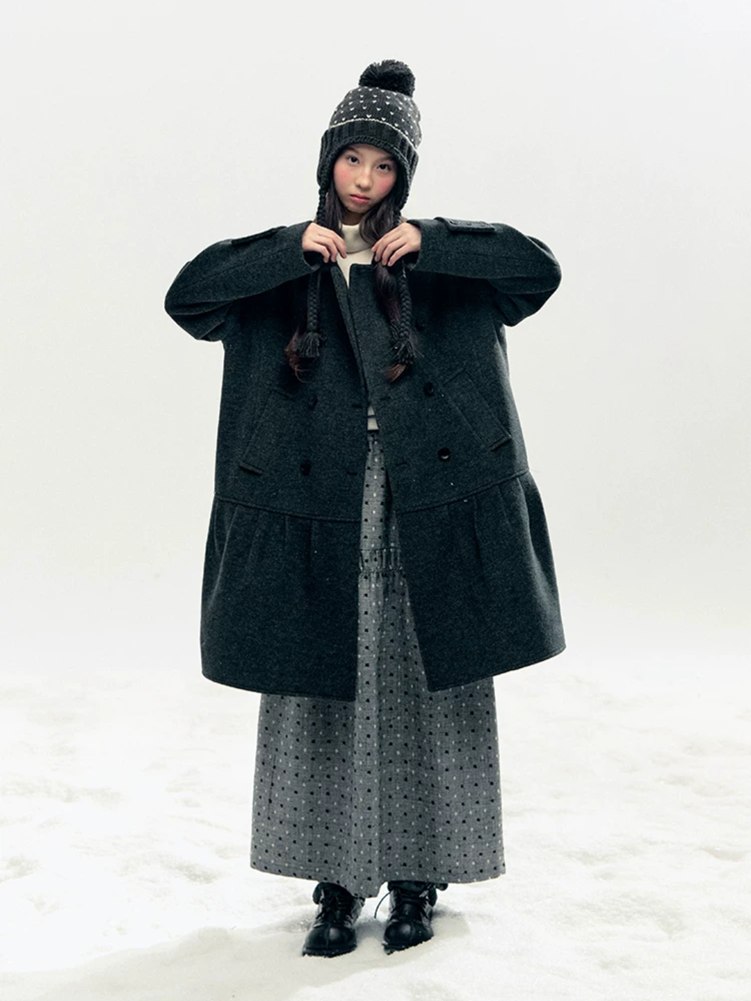 Horridale - "Winter Chime" Double-Breasted Quilted Wool-Blend Coat (Smoky Purple/ Ash Gray)