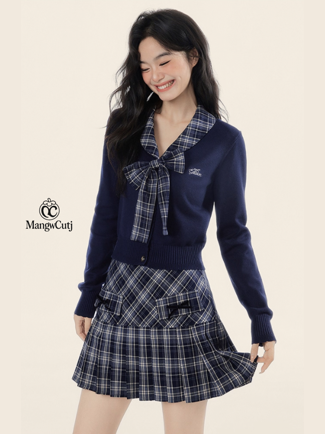EPTISON - Academia-Inspired Two-Piece Set with Removable Plaid Collar and Skirt