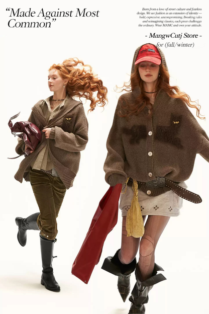 MAMC - Vintage Brown Cat Silhouette Hooded Knit Cardigan