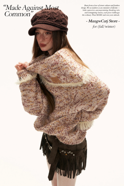 MAMC - Beige Slouchy Textured Off-Shoulder Turtleneck Sweater