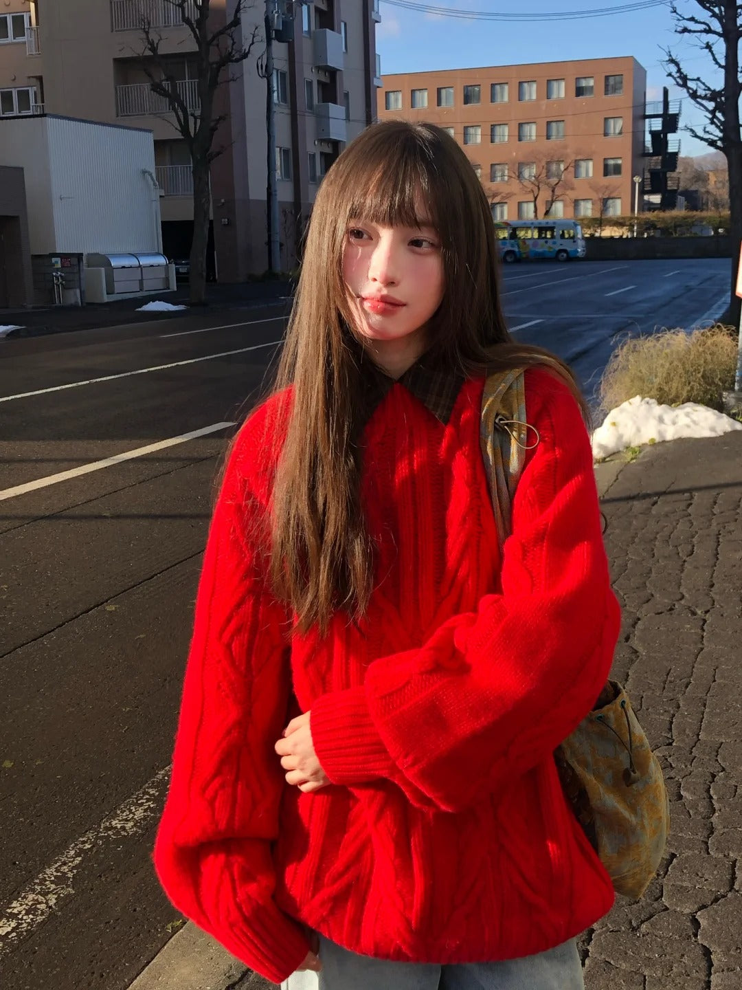 Zzouu - Plain Knitted Sweater - Red and White