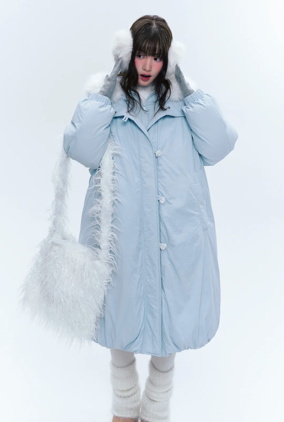 CREAMO2奶油氧气 - Milk Mist Blue Faux-Layered Mid-Length Down Puffer Coat