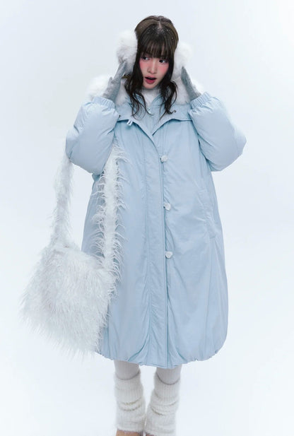 CREAMO2奶油氧气 - Milk Mist Blue Faux-Layered Mid-Length Down Puffer Coat