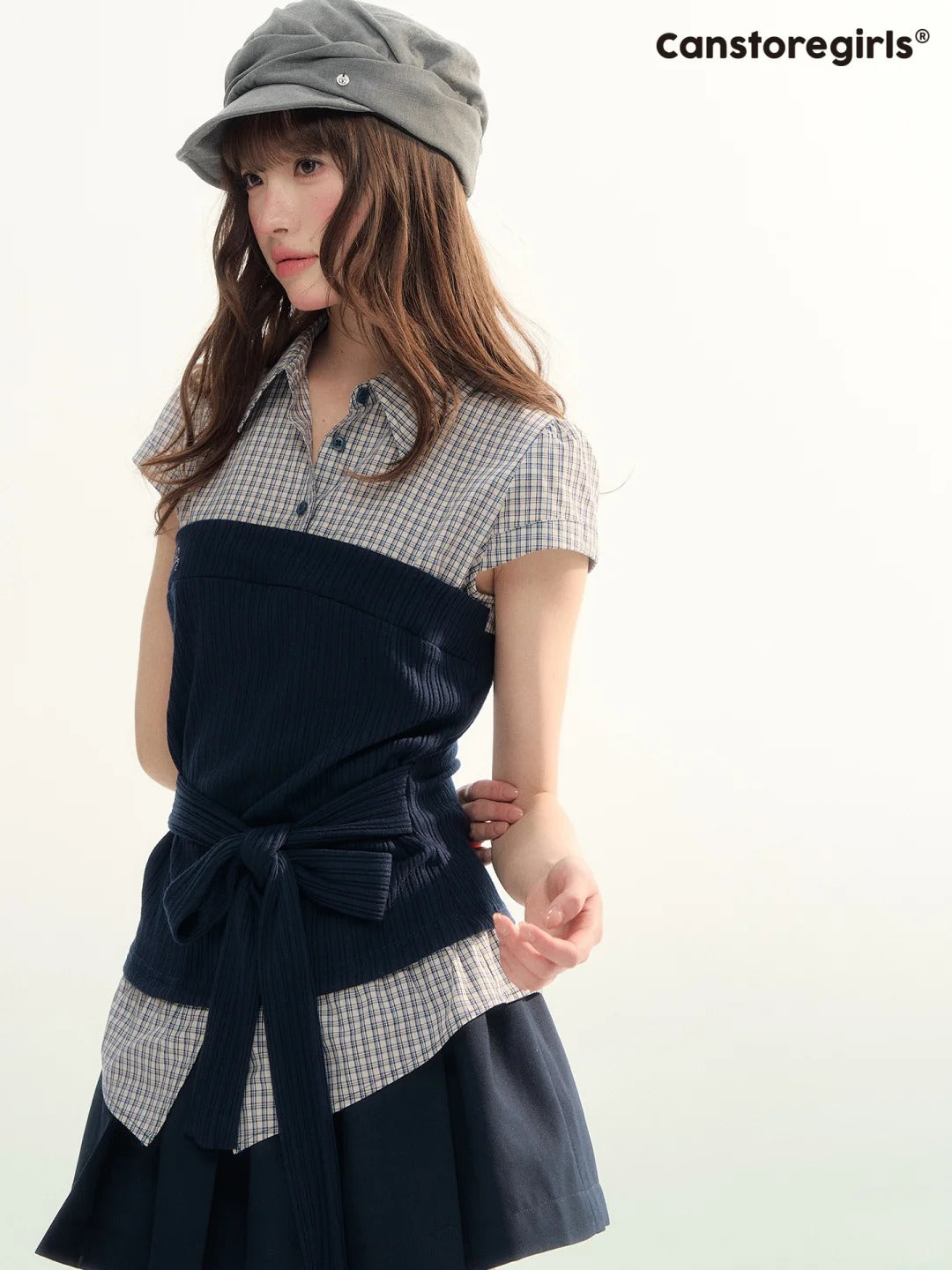 Pastel Plaid Knit Shirt & A-Line Puffy Skirt Set LL2026112