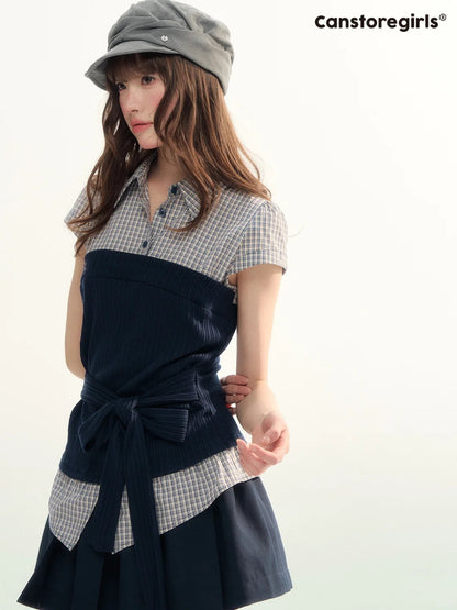 Pastel Plaid Knit Shirt & A-Line Puffy Skirt Set LL2026112