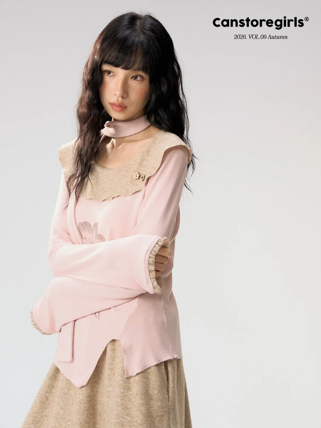 [CAN] "Dusky Floral Whispers" Blush & Chestnut Brown Set (Long Sleeve Top / Tassel Mini Skirt)