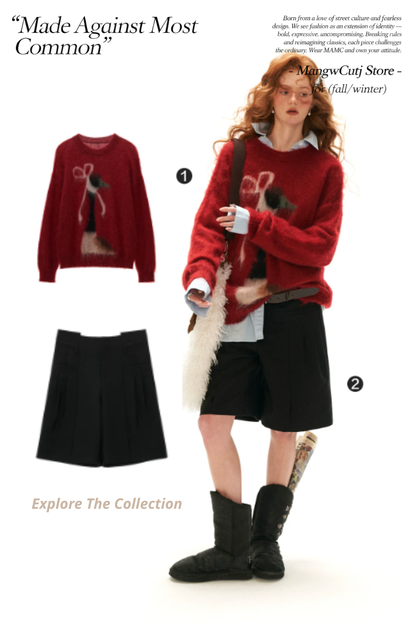 MAMC - Burgundy Bow Duck Jacquard Fuzzy Knit Sweater