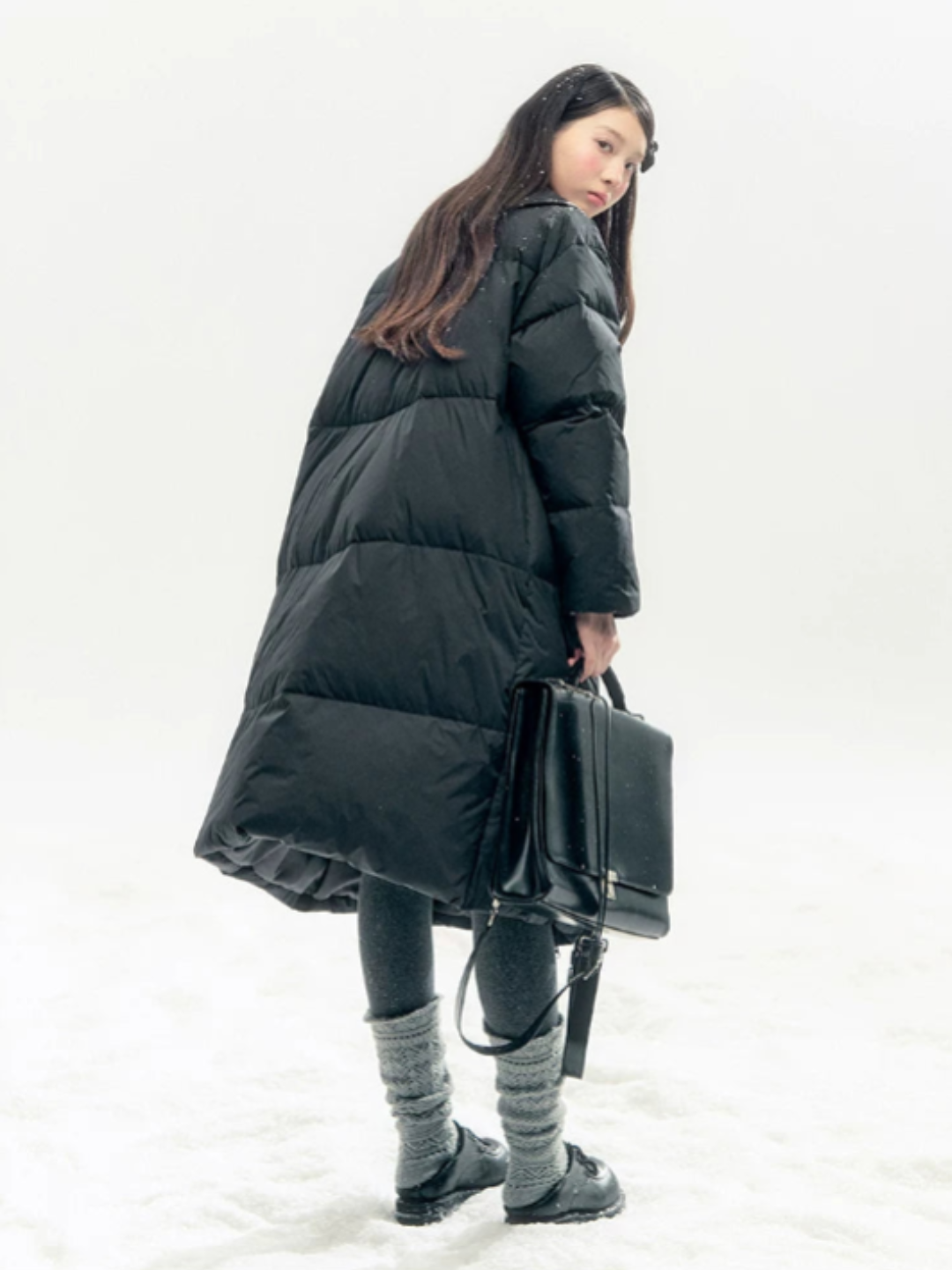 "Starry Night Little Witch" Black Long Down Coat with Detachable Bunny Bow Collar