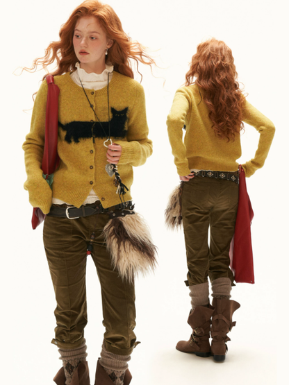 MAMC - Yellow Fluffy Black Cat Jacquard Cropped Knit Cardigan