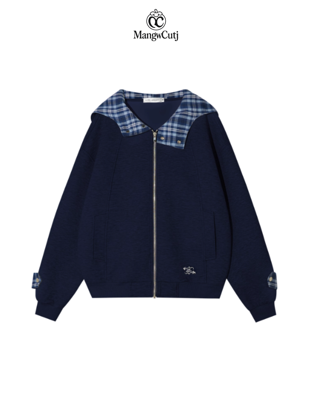 ASGONY - Plaid-Lined Oversized Hoodie Jacket (Navy)