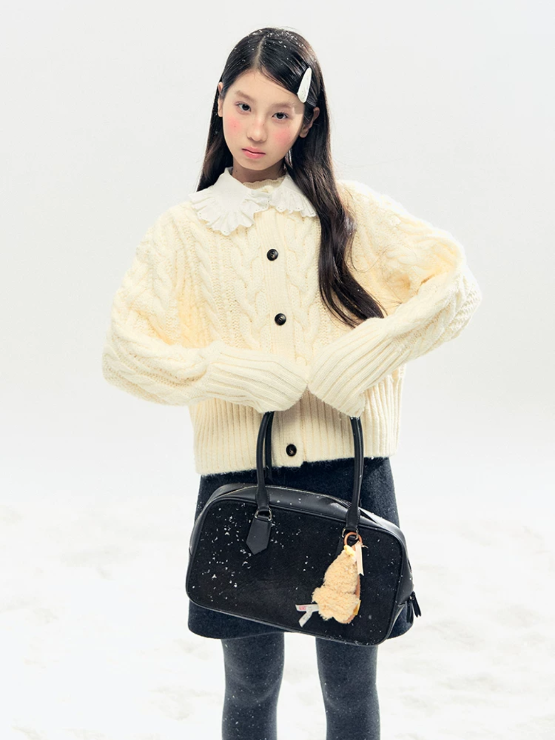 Horridale - "Cotton Mousse" Cable Knit Cardigan with Detachable Ruffle Collar (Cotton Blue/ Soft White)